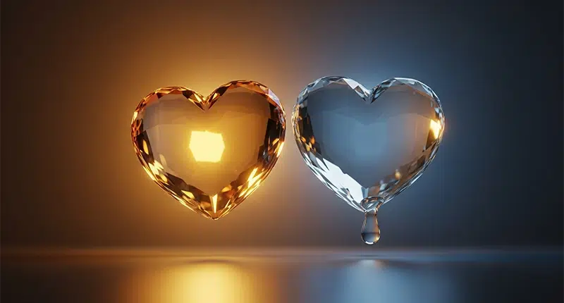 Dois corações de cristal simbolizando a diferença entre o amor correspondido e o amor não correspondido.