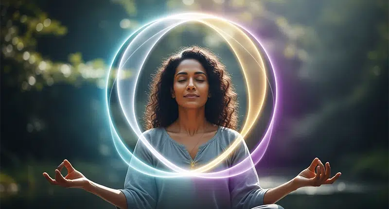Mulher meditando em paz, envolta por luzes que simbolizam o equilíbrio entre **saúde mental e espiritualidade**.
