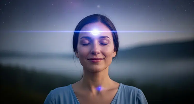 Mulher serena com luz sobre a testa, representando o despertar da **mediunidade**.
