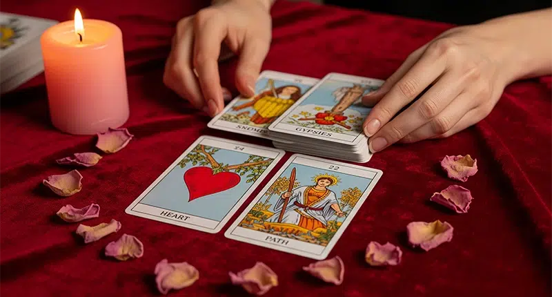 Mãos sobre o **baralho cigano amor** com as cartas do Coração e dos Ciganos, para uma leitura amorosa.