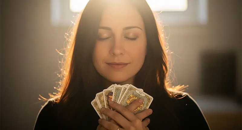 Mulher segurando o Baralho Cigano perto do coração, em um momento de introspecção e conexão com a sabedoria interior.